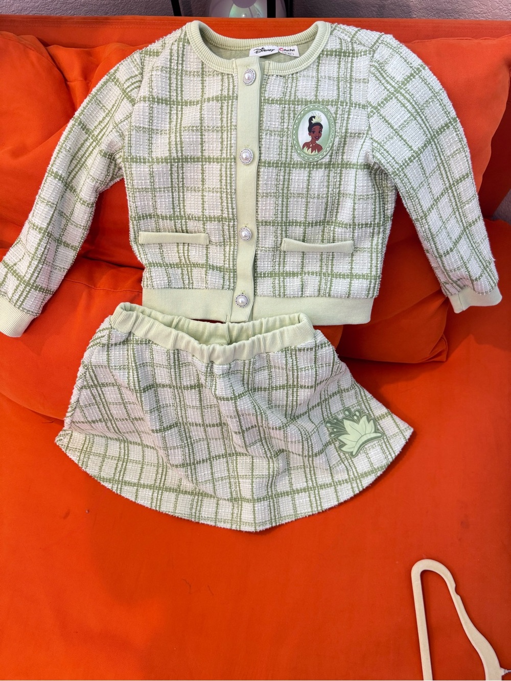 Disney Green and White Plaid Knit Cardigan & Skirt Set